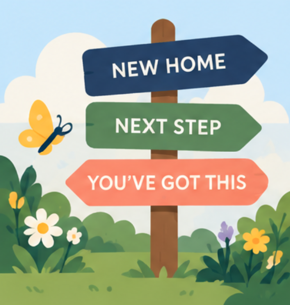 A garden signpost with signs reading New Home, Next Step and You've got this