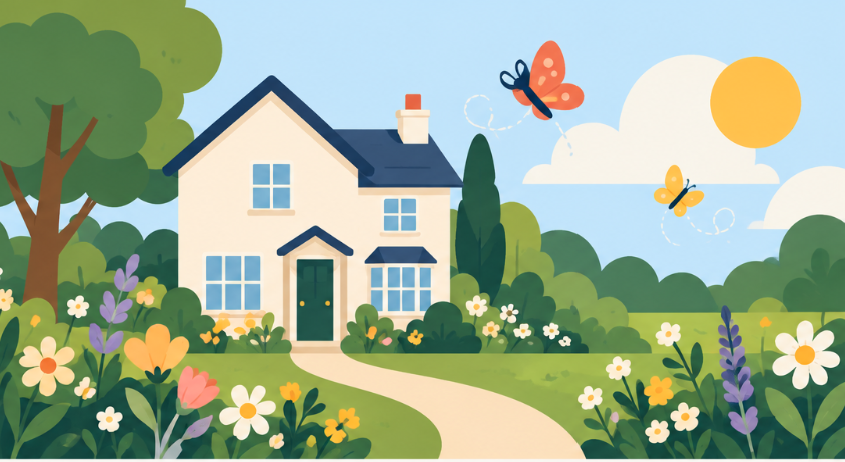 A friendly illustrated garden scene with a home, flowers and butterflies